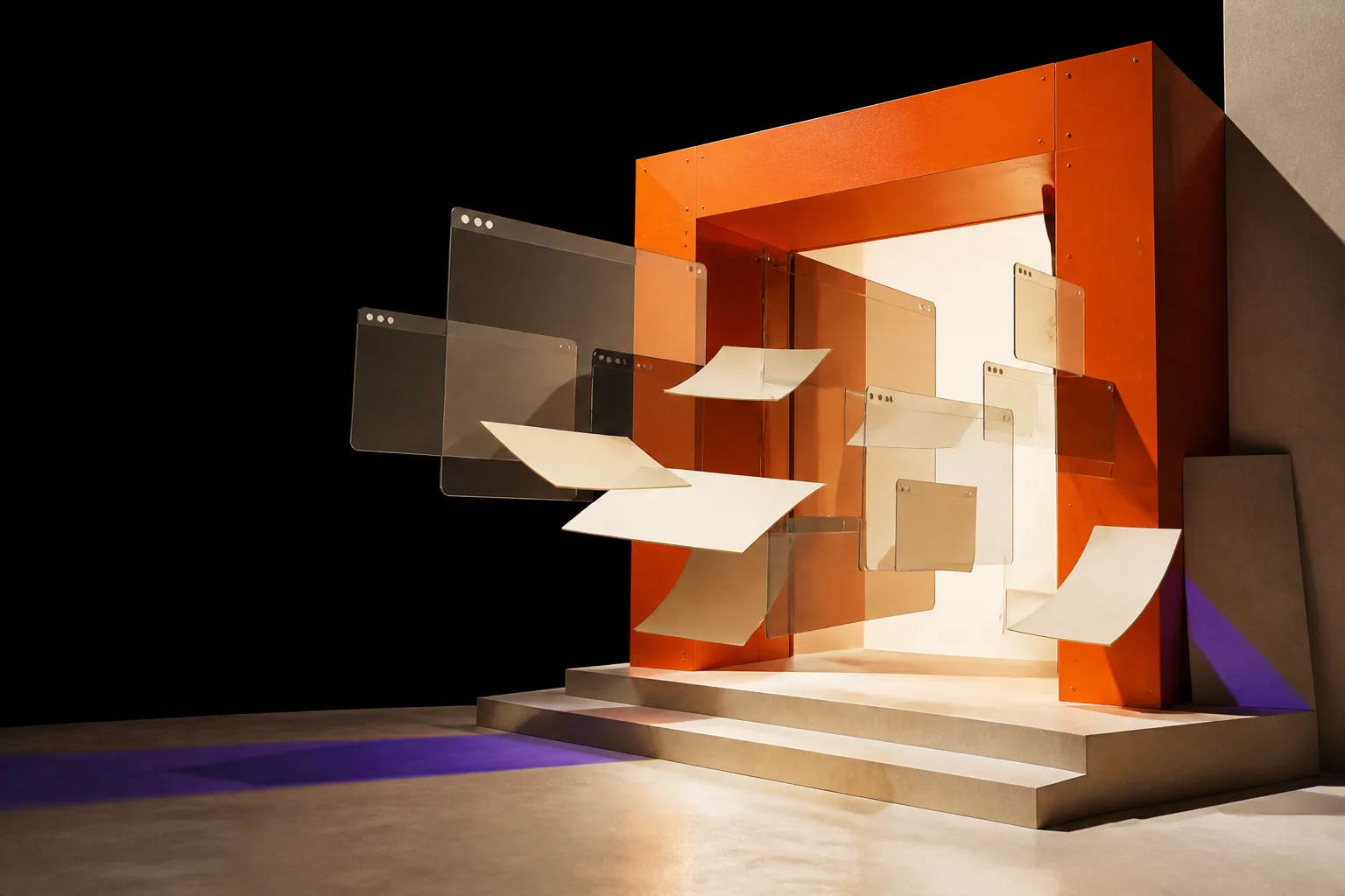 An open orange studio doorway releasing layered website pages
