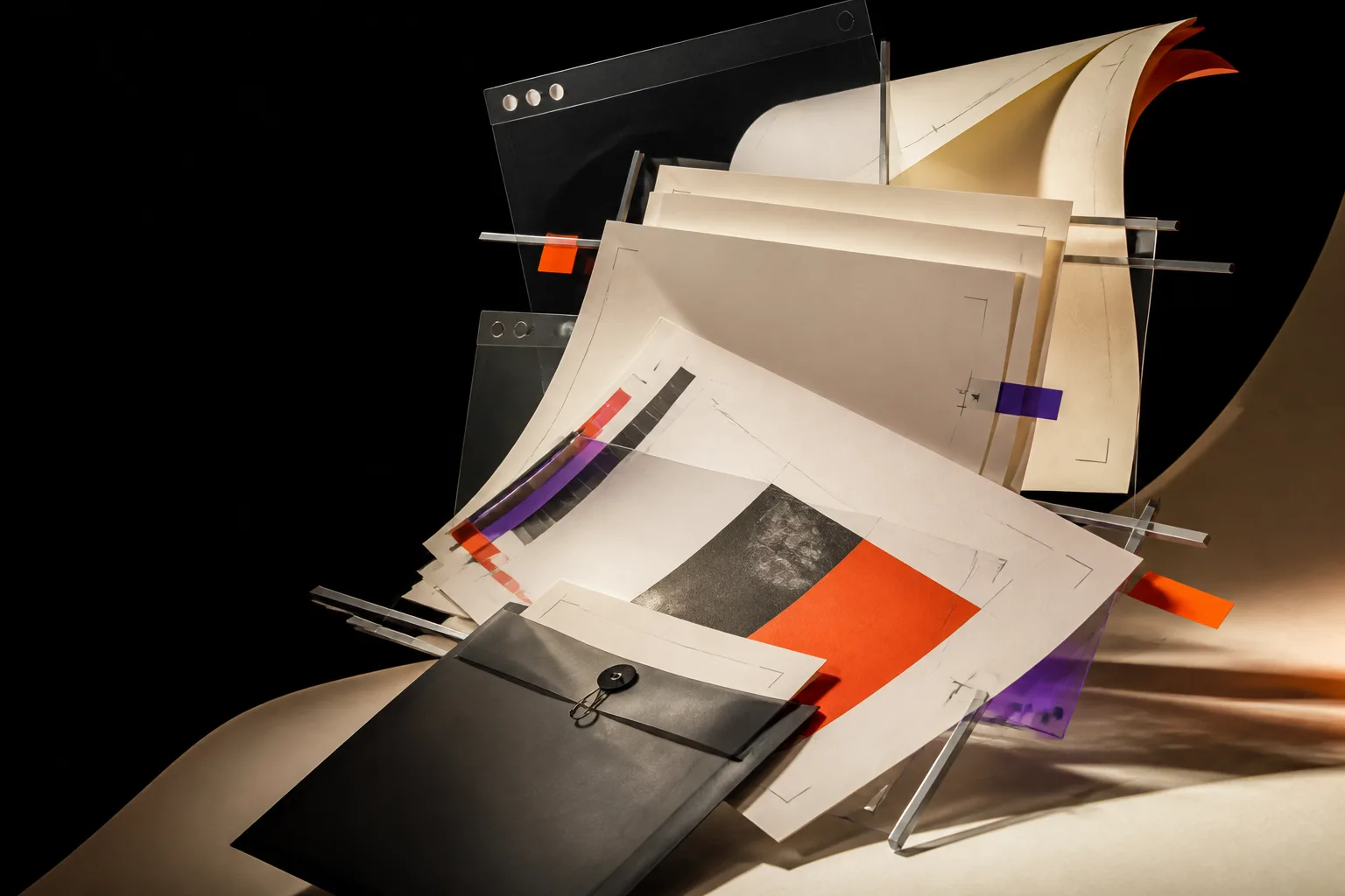 Layered paper layouts and glass interface sheets in the KBR design studio